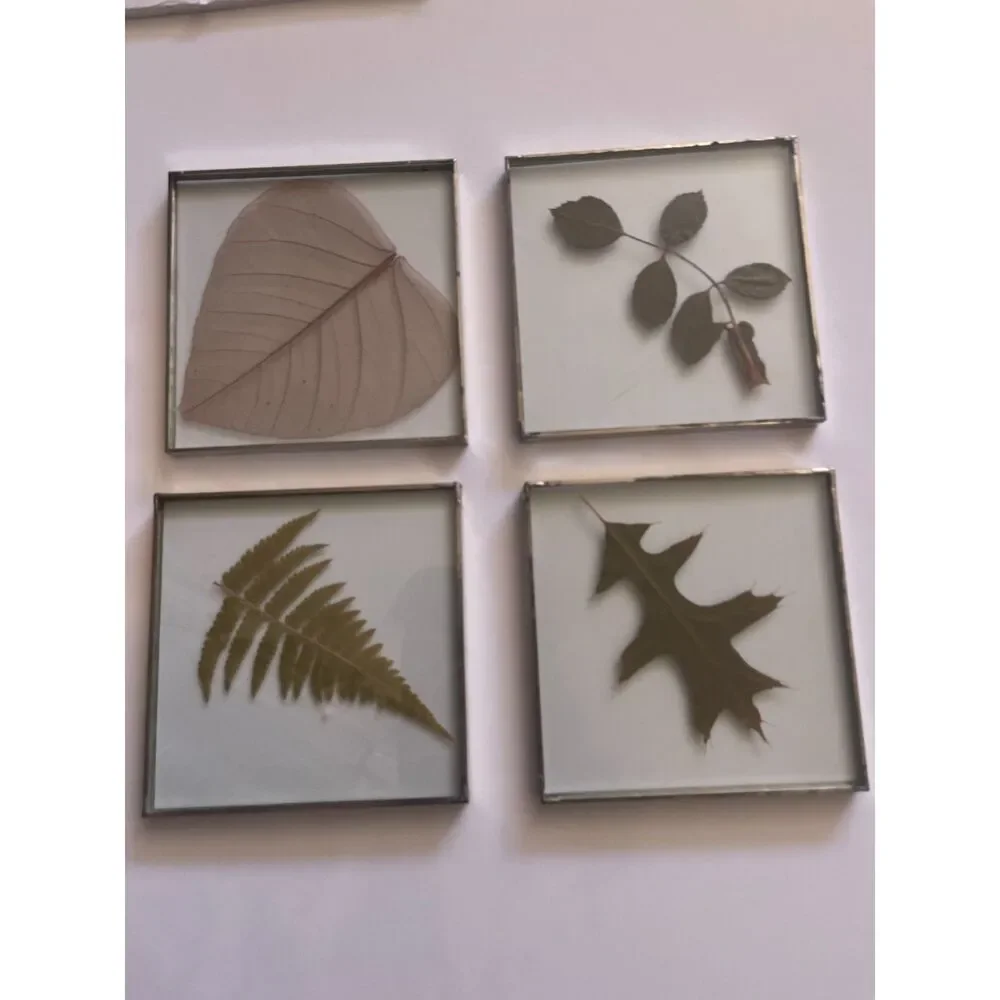 Mill Hill Silver & Pressed Leaves in Leaded Glass Coasters set of 4 w Wood Stand